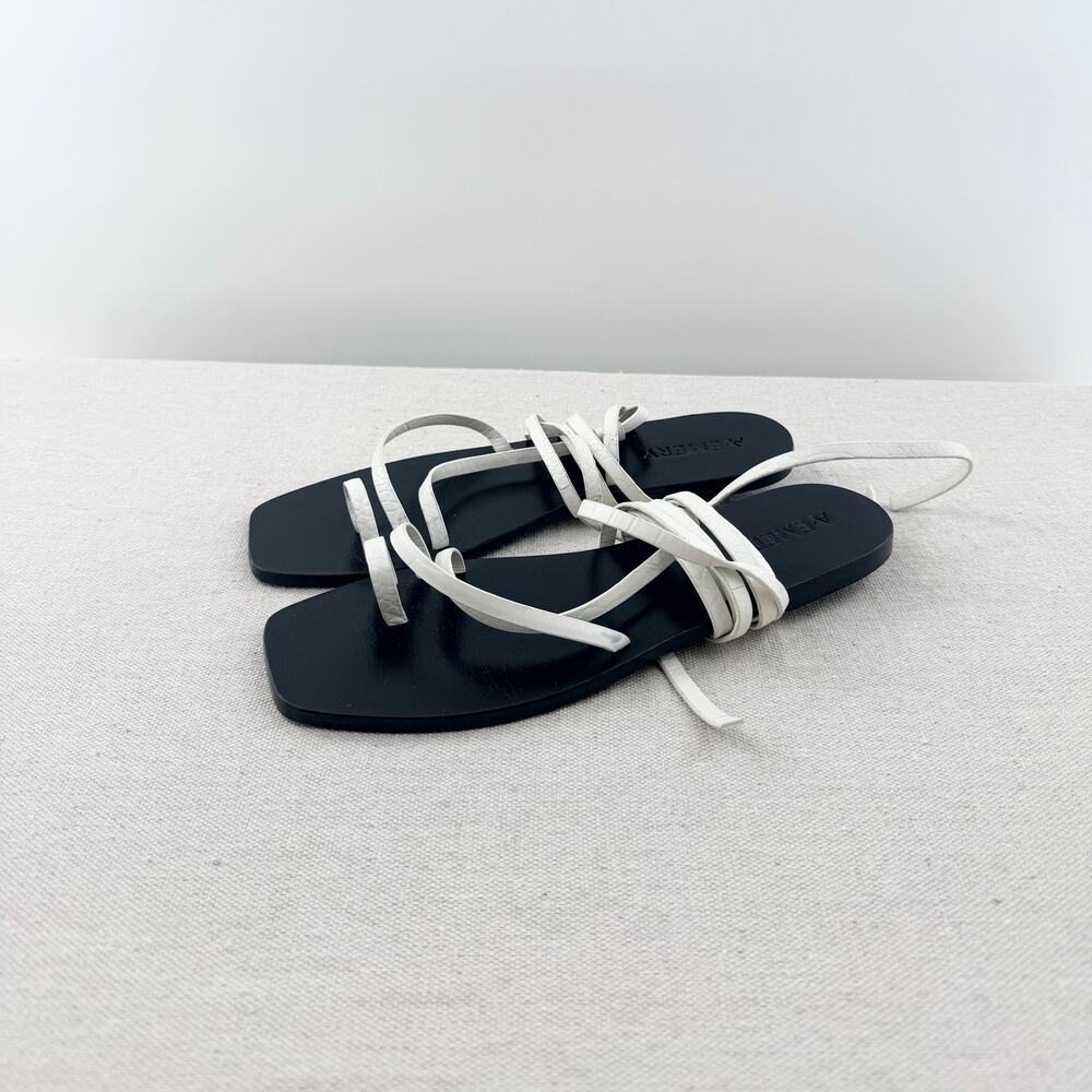 A EMERY Leather Slip On Toe Loop Flat Strappy Sandals White Black Women's EU 40